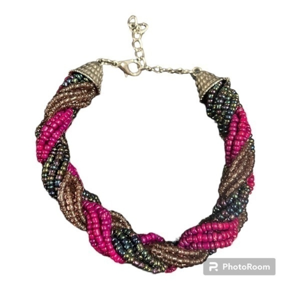 Multi Strand Indian Beaded Braided Bracelet - Dark Pink, Brown & Metallic Black